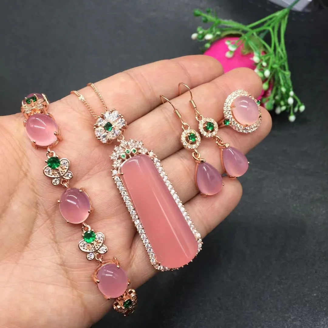 

Pink Natural Jade Set 925 Silver Inlaid Pendant Bracelet Ring Earrings of Four Women's Zircon High Grade Jewelry