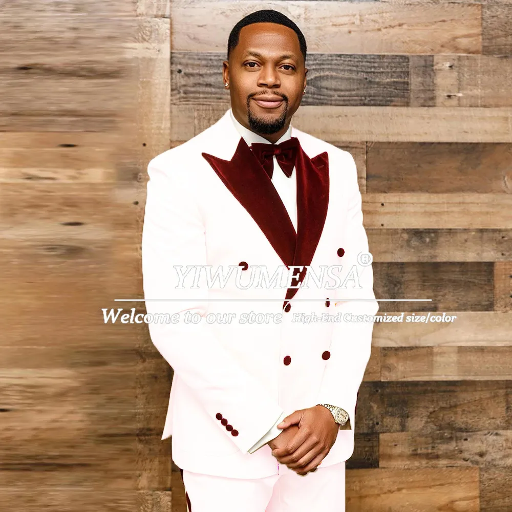 

Unique Design Suits Men 2 Pieces Sets Burgundy Velvet Prom Blazers Customized Groom Wedding Tuxedos Male Fashion Costume Homme