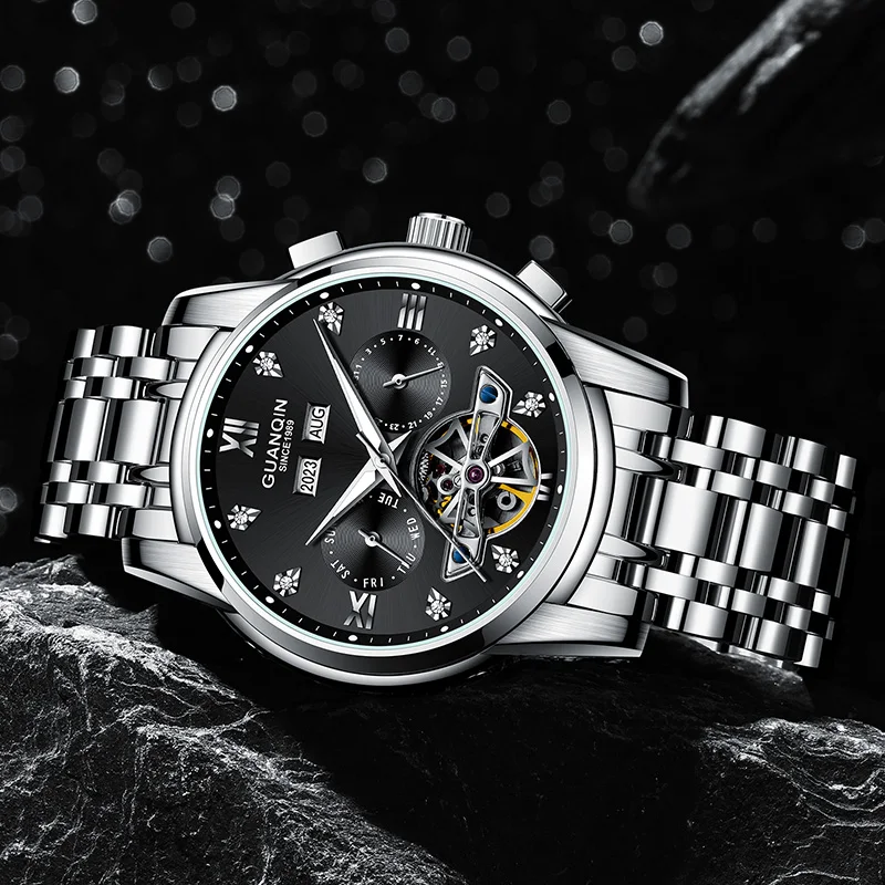 GUANQIN Роскошные мужские автоматические механические часы с многофункциональным циферблатом для бизнеса и отдыха 50 м водонепроницаемые светящиеся часы для мужчин