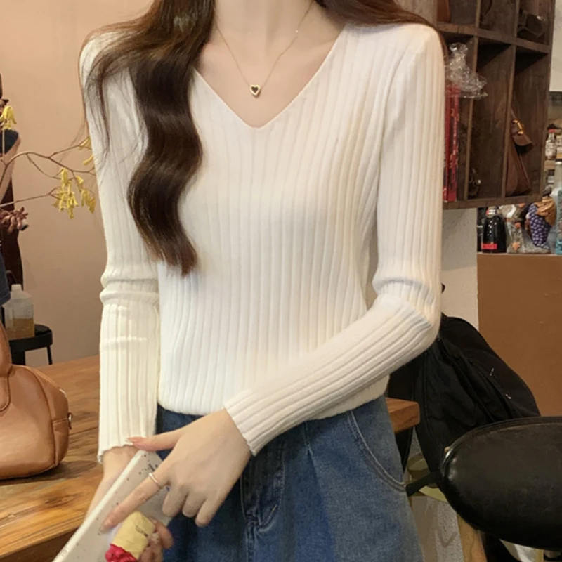 Women V Neck Long Sleeve Knitshirts Autumn Winter Slim Bottoming Tops Solid Color Simple Female Pullover Thin Sweater