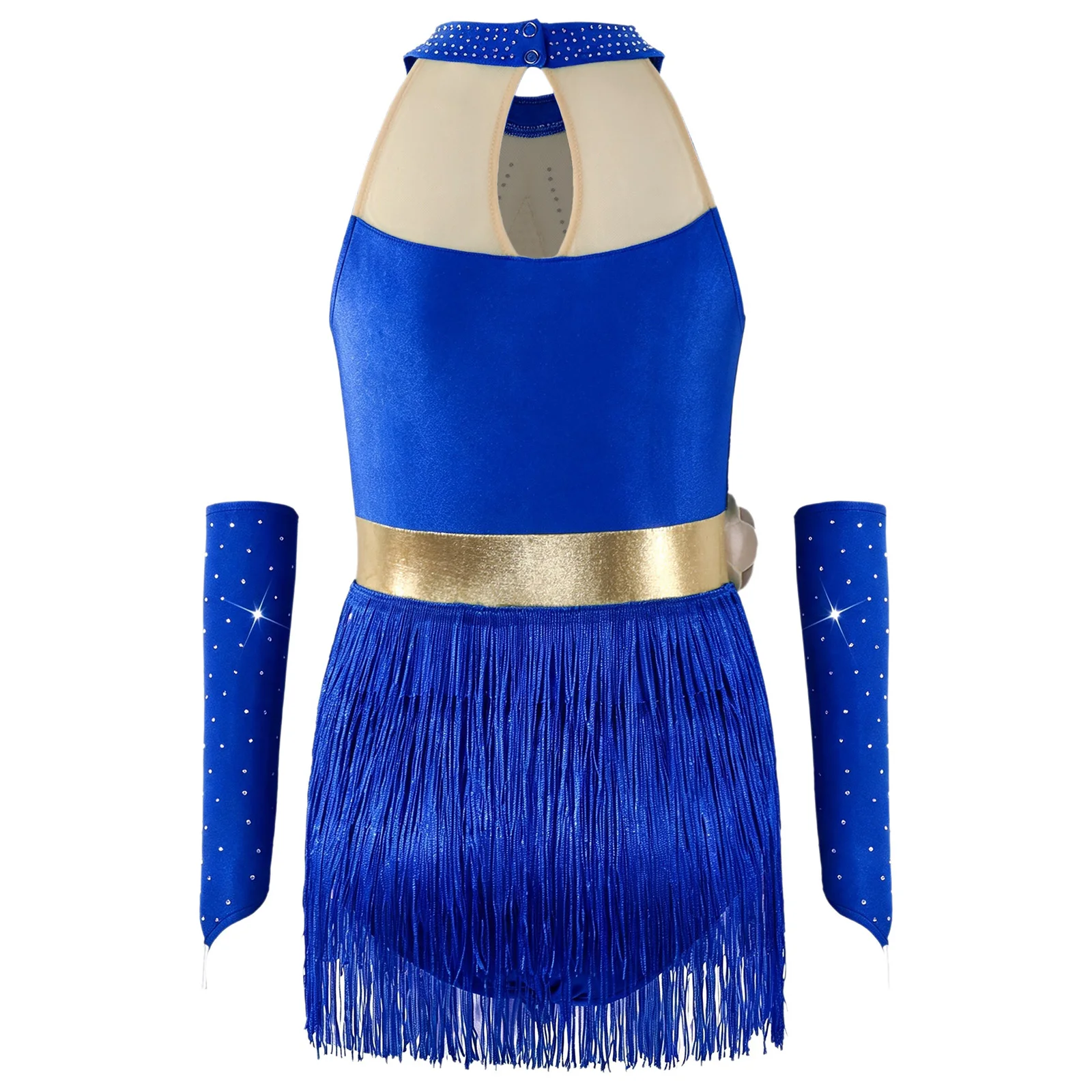 Girls Rhinestone Tassel Latin Dance Leotard Keyhole Back Mesh Patchwork Metallic Bodysuit Dress with Gloves Tango Dancewear