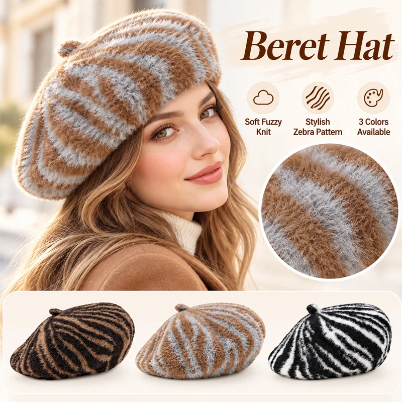 Womens Plush Striped Beret Hat Faux Mink Fur Warm Forward Cap Vintage Autumn Winter Daily Painter Hat