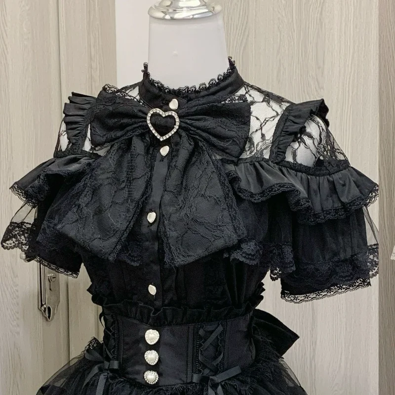 

Bow Lace Short Sleeve Solid Color Shirt Top