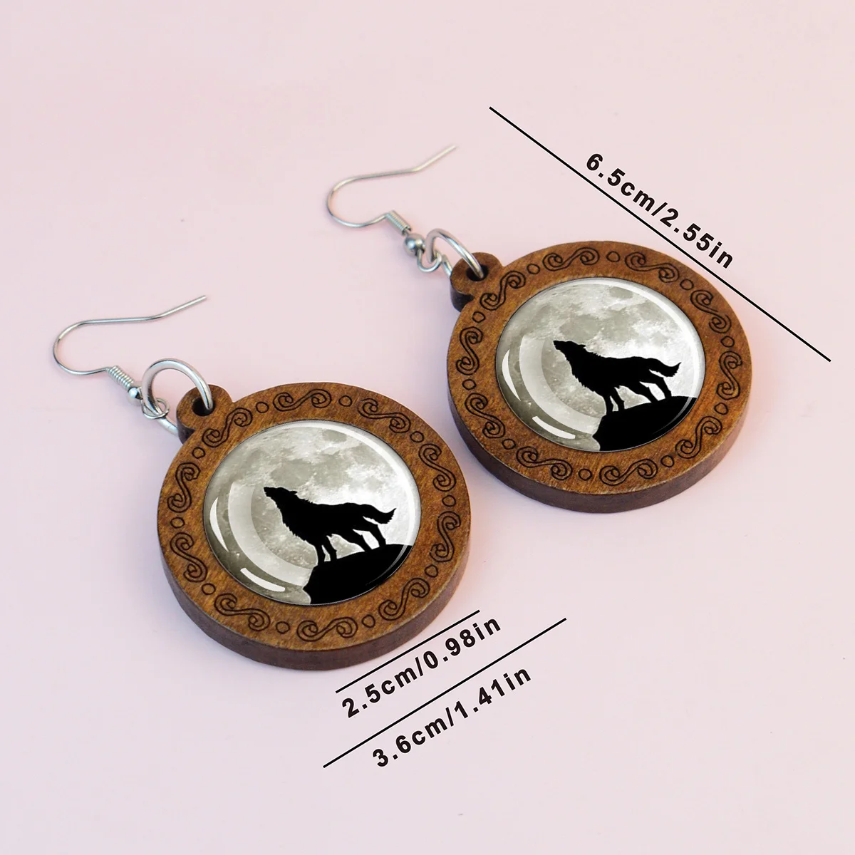 1pair Wolf and Moon Theme Pattern Loyalty Wooden Engaged Drop Earrings Glass Cabochon Pendants Dangle Earrings Vintage Gift