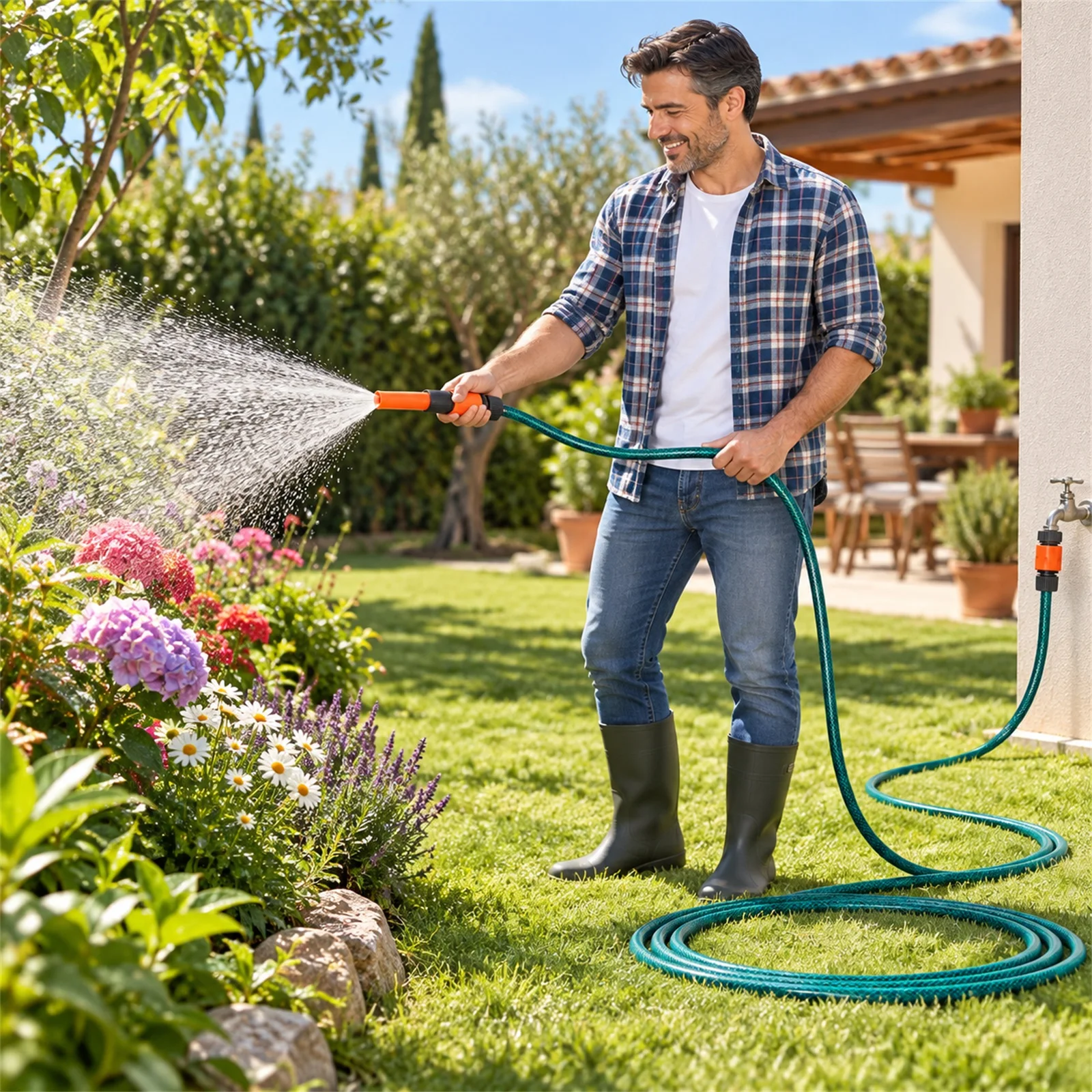 Manguera de Jardín Reforzada de PVC con Kit de Accesorios de Riego, Diámetro 5/8 Pulgadas, Longitudes de 10M, 15M y 20M, Resistente a Rayos UV y Antinudos para Riego Exterior y Limpieza