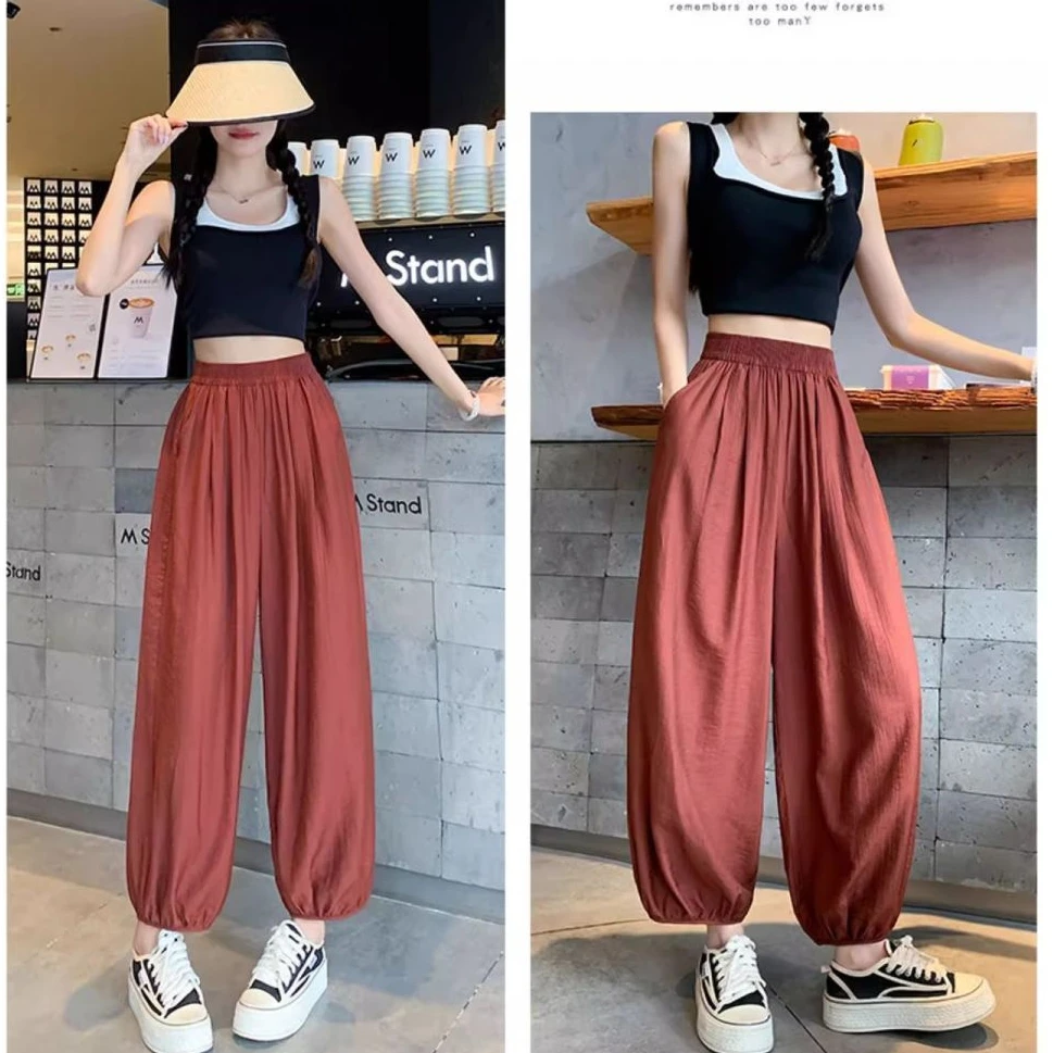Ice Silk Casual Pants Thin Wide Leg Summer Leisure Trousers for Women Commute Style Polyester Fiber Nine Points Pants