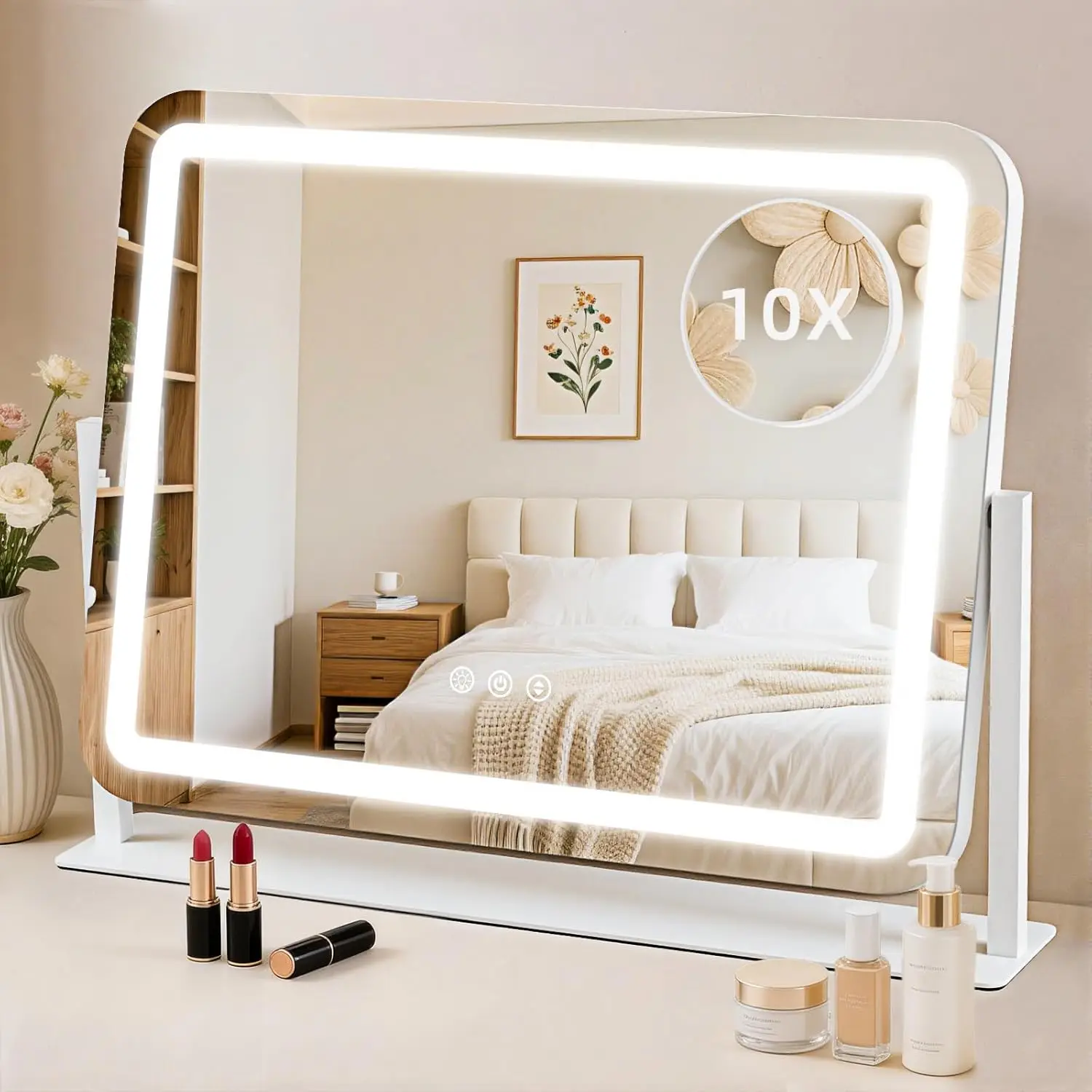 

Зеркало для макияжа с подсветкой, 10-кратное увеличение, сенсорное управление с регулировкой яркости, поворот на 360° ° Вращающийся механизм, металлический каркас, белый цвет, подарок для женщин