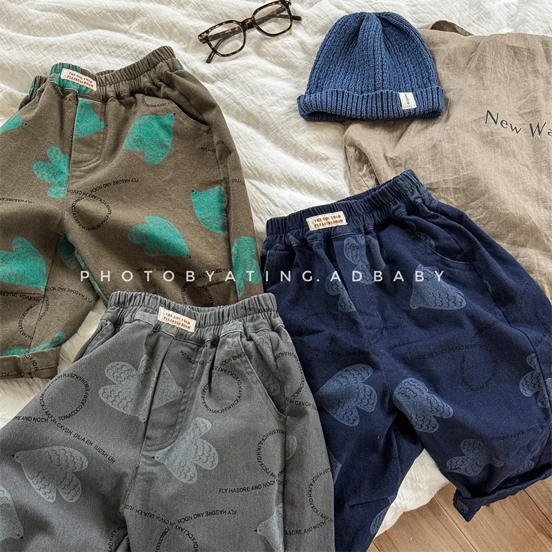 2026 Autumn Kids Boys Pants RAISE Infant Babys Boys Printed Trousers 90% Cotton 1-6Yrs Toddler Boys Water Wash Casual Pants
