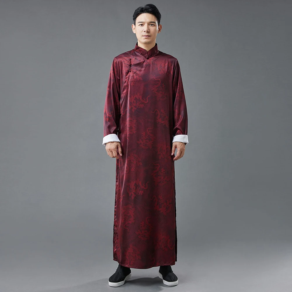 LZJN Chinese Style Silk Satin Print Casual Long Robe with Chinese Knot Buttons, Performance Costume Men's Tang Suit.