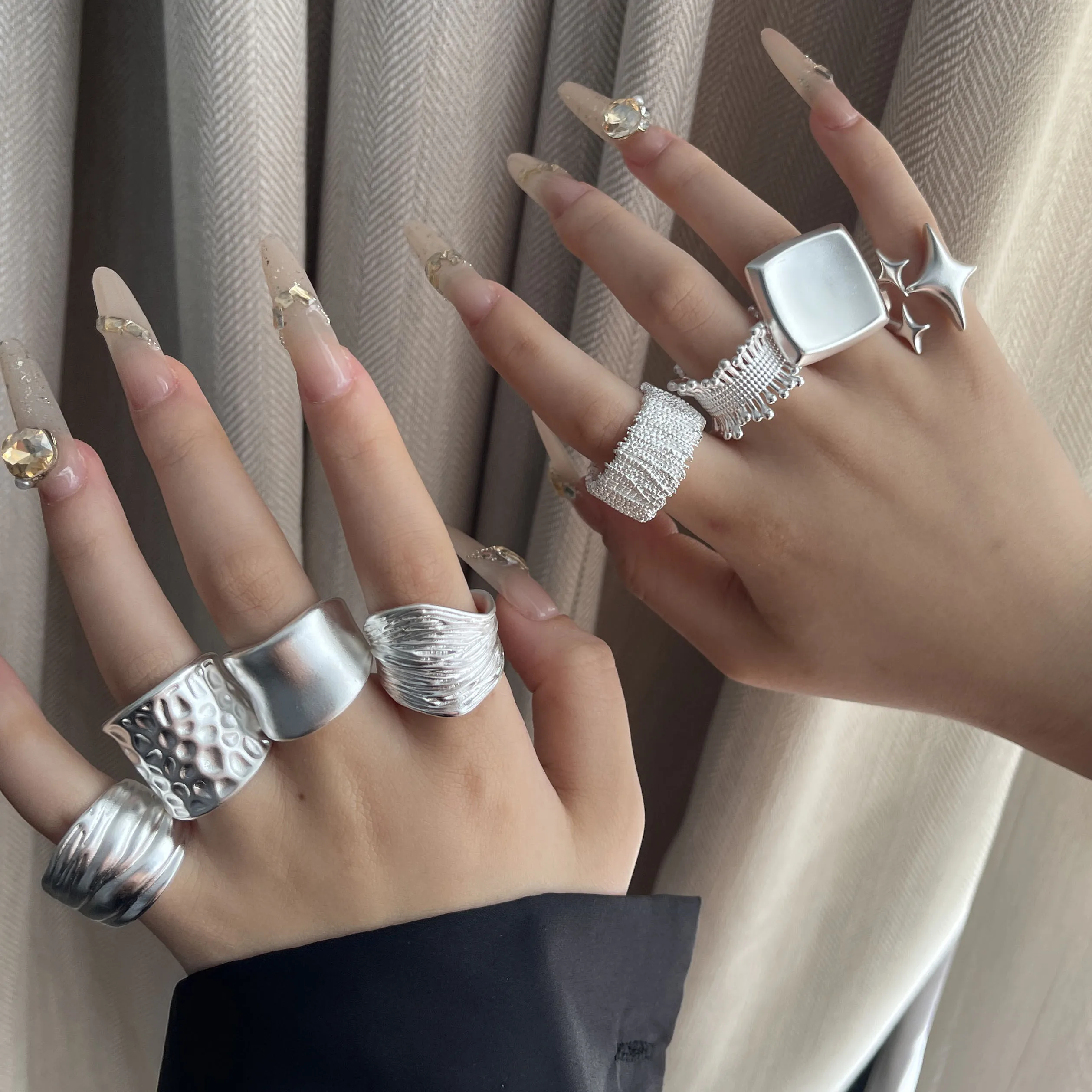 925 Sterling Silver Rings For Women Geometric Fine Jewelry Finger Adjustable Wide Sparkling Ring For Party Birthday Gift