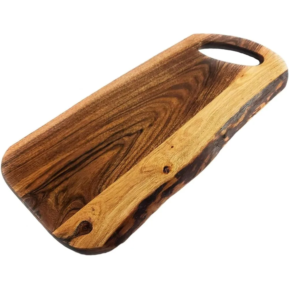

Acacia Charcuterie Board with Natural Live Edge & Round Handle - Wood Cheese Board - Decorative Wooden Serving & Cutting Board -