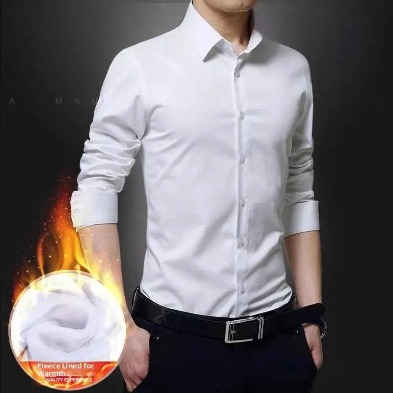 

Men's Long Sve Fce Lined Thiened Winter Busin irt Iron Free Warm Profional White irt Slim Fit Button Detail