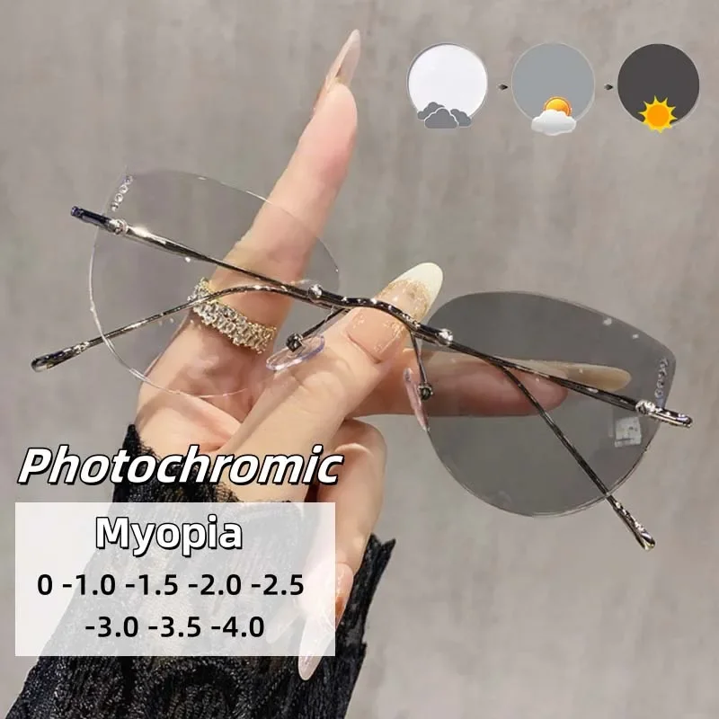 

Модные безрамочные фотохромные очки «кошачий глаз» для близорукости, персонализированные ретро-ультралегкие очки высокой четкости с защитой от синего света