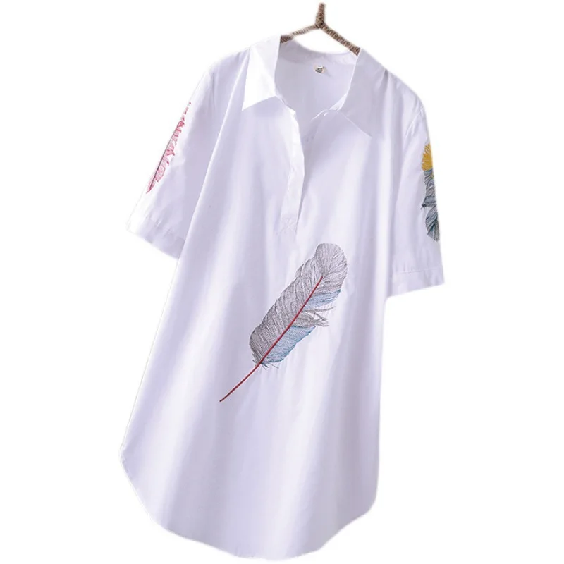 2025 Summer New Size Feather Embroidered Short Sleeve Shirt Retro Art Long Top Hooded Tops For Women