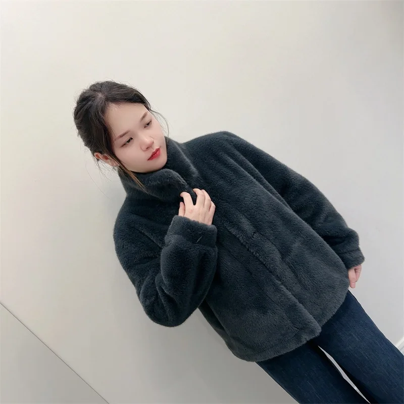 Winter Lady Stand Collar Faux Fur Short Outwear Korean Women High-end Patchwork Fur Jacket Autumn Female Long Sleeved Plush Coat