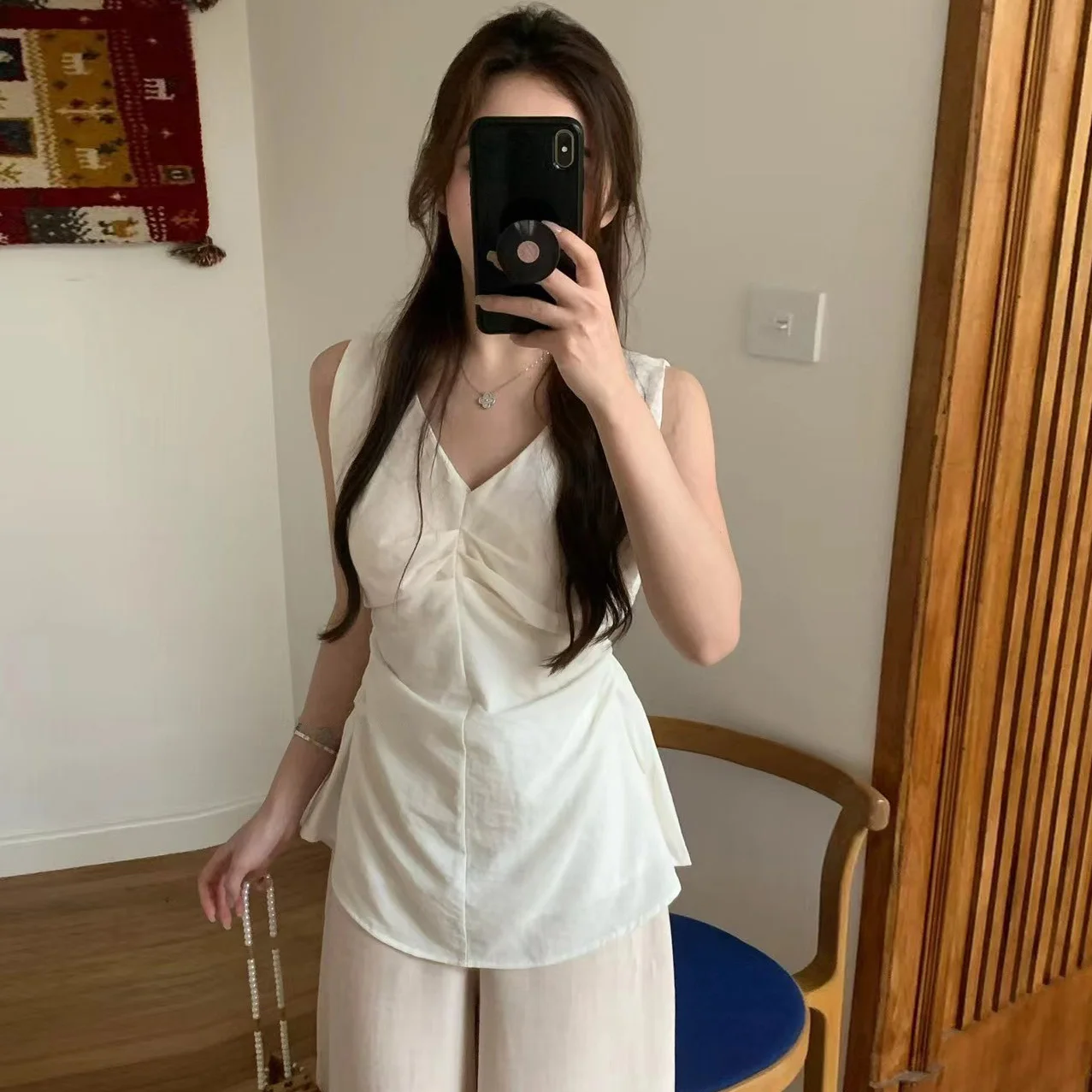 Belly-Baring Sleeveless Top Women's Summer Fashion Polyester Fabric H-Shape Vest Regular Length Pure Color Outerwear