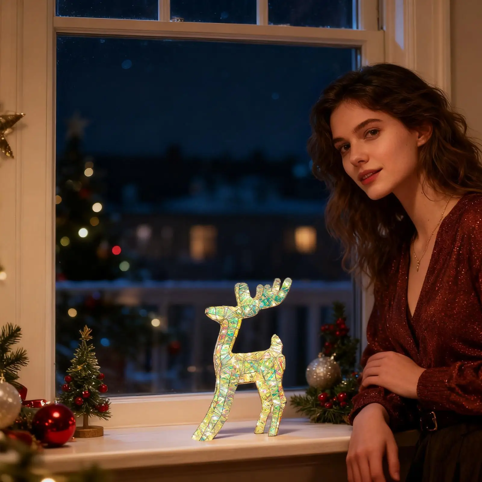 Christmas Reindeer Figurines Decor Acrylic Festive Tabletop Deer Statue Outdoor Reindeer With LED Light For Patio Desk Bedroom