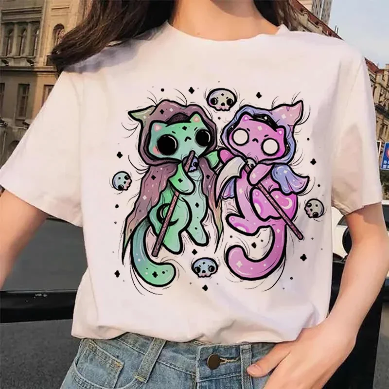 Women's High Quality TopsWomen's Cotton T-shirt Simple Mystic Tee Cartoon Print T-shirt Spring Summer Short Sleeve Clothes