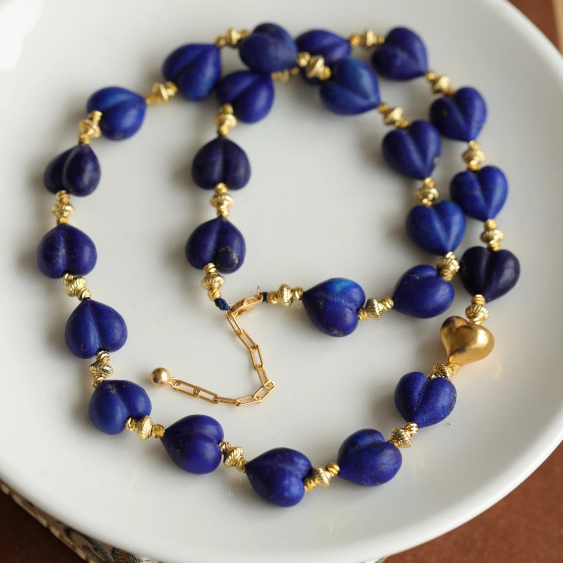 

Royal Blue Natural Lapis Lazuli 3D Carved Heart Necklace, Gold Plated Sterling Silver Pendant, Chinese Style Elegant Jewelry