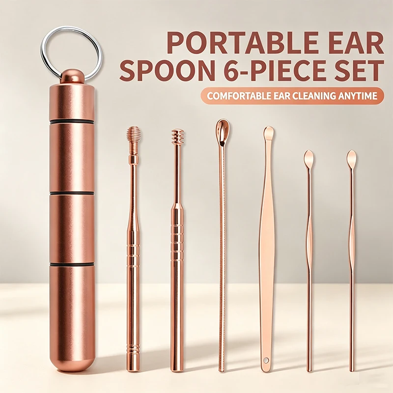 6Pcs Ear Wax Removal Kit Stainless Steel Ear Pick Spoon with Aluminum Storage Tube Portable Ear Cleaning Tools