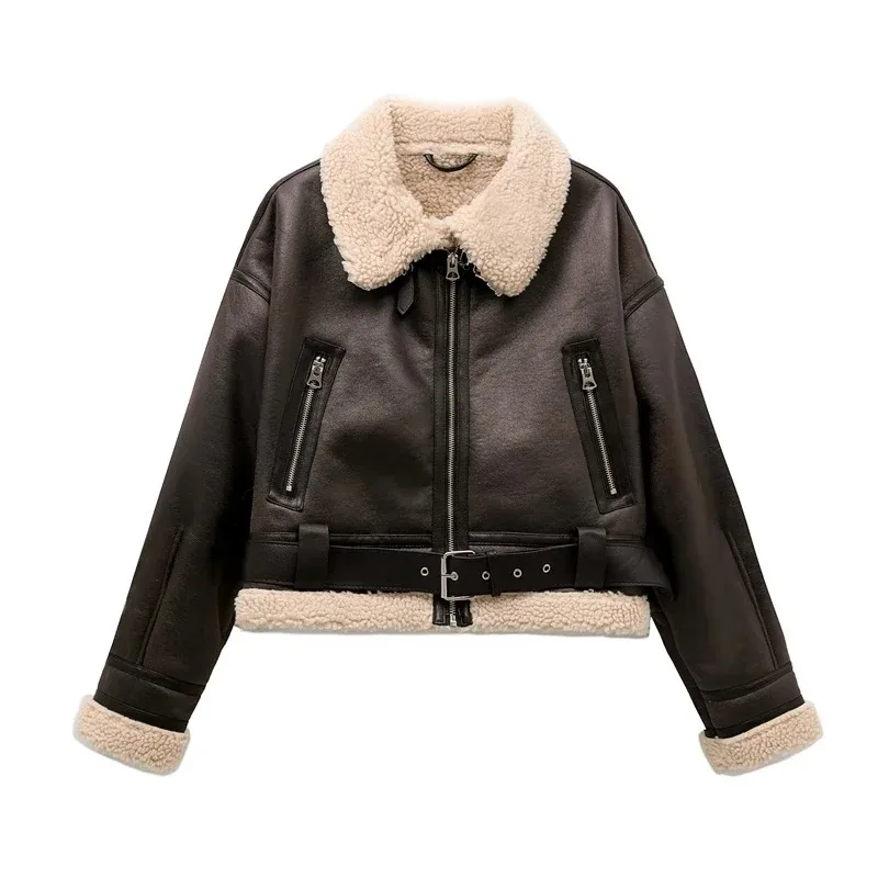 

2024 New Woman's Fashion Thick Warm Faux Shearling Jacket Coat Vintage Long Sleeve Belt Hem Female Outerw