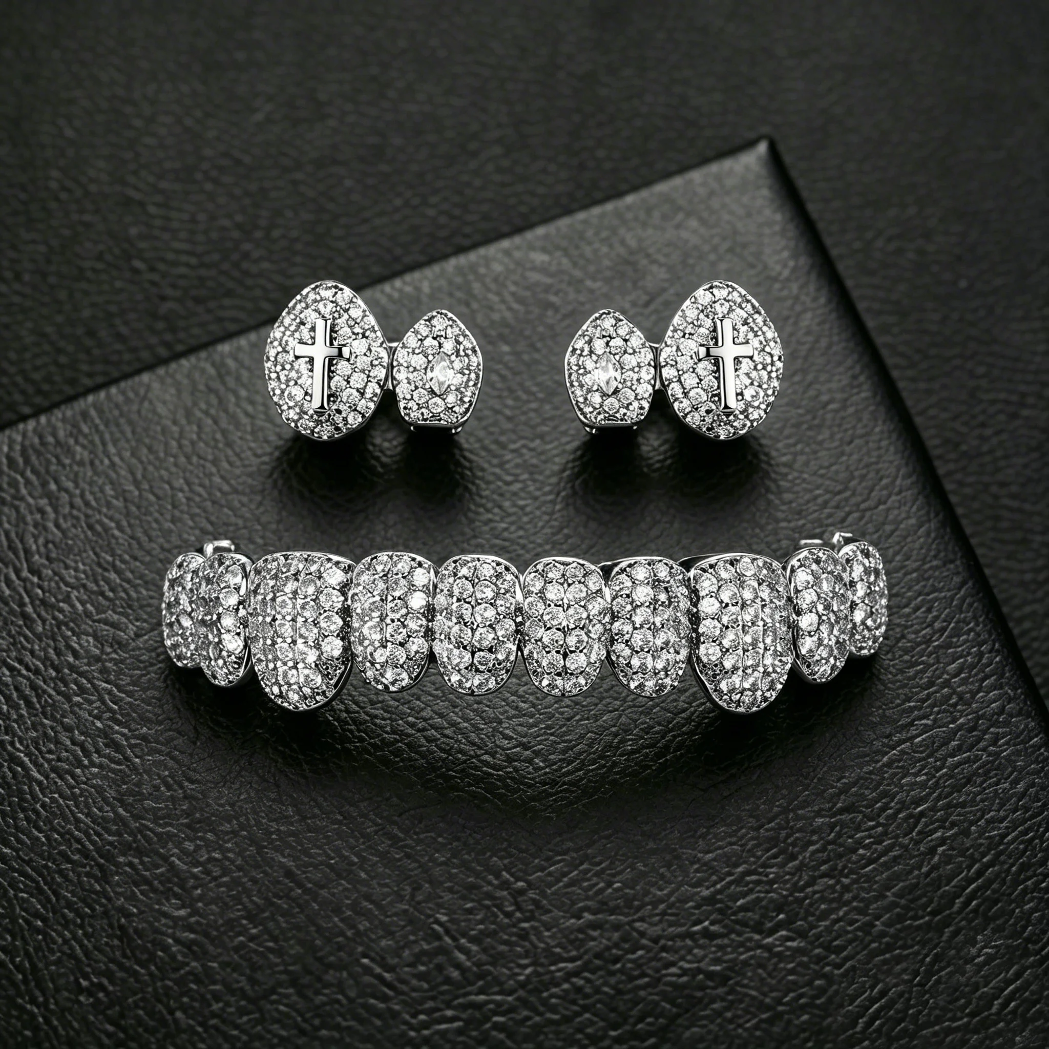 TOPGRILLZ Hip Hop 3-teiliges Grillz-Set, Weißgoldfarben, Kupferkreuz, Iced Out, 8 Zähne, Weihnachtsschmuck, Geschenk für Männer und Frauen – Detail 4