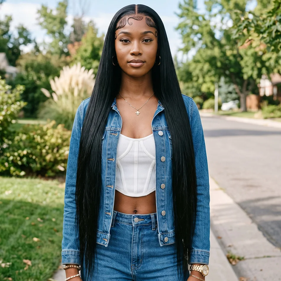 

40 Inch Extra Long 250% Density Natural Black 13x6 HD Lace Frontal Bone Straight Silky Soft 13x4 Remy Human Hair Wigs Pre Plucked Hairline Bleached Knots Invisible Wear and Go 5x5 Glueless Closure Thick Full Ends