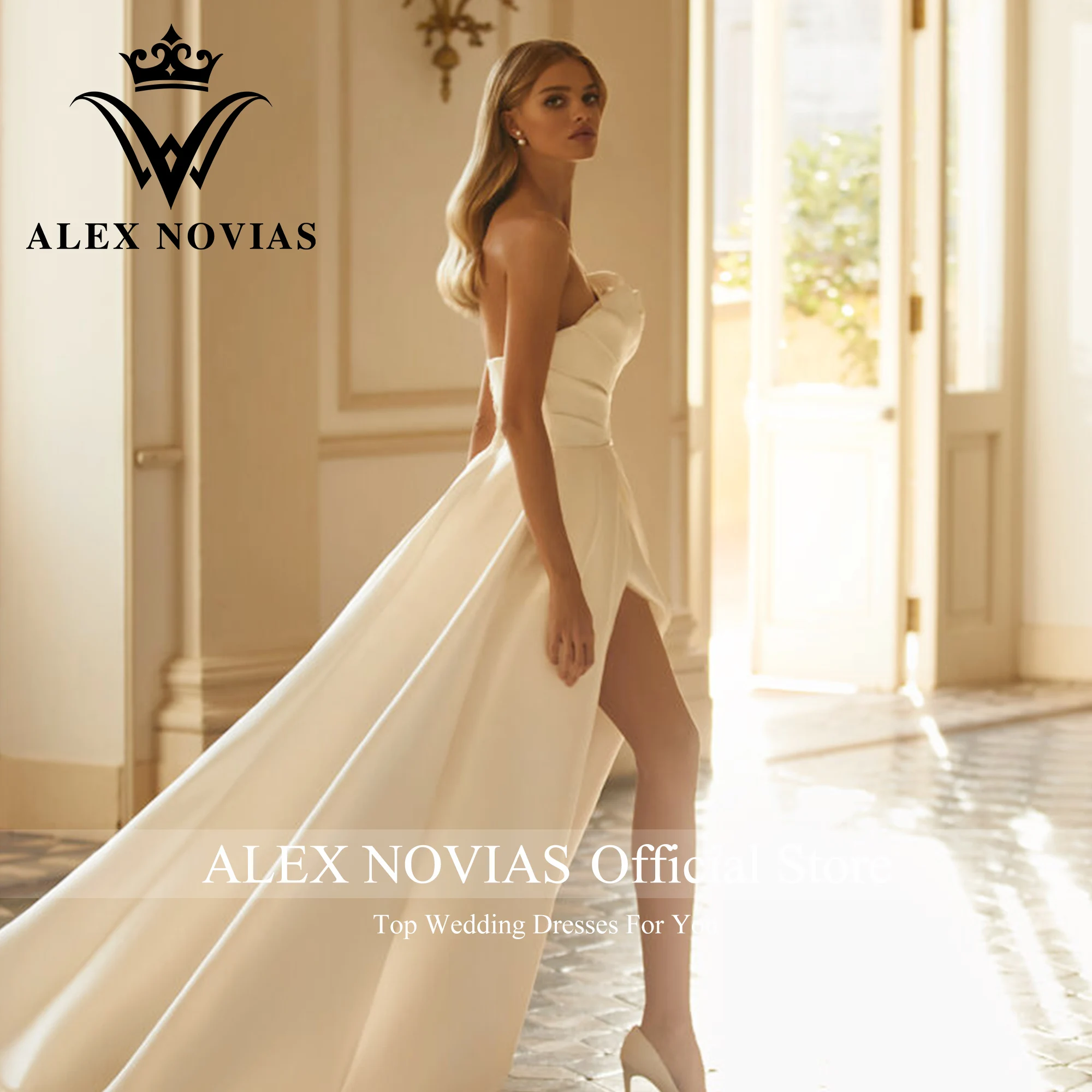 ALEX NOVIAS A-Line Wedding Dress High Quality 2023 Strapless Thigh Split Pleat Brush Train Satin Dress Vestidos Novias De Saten