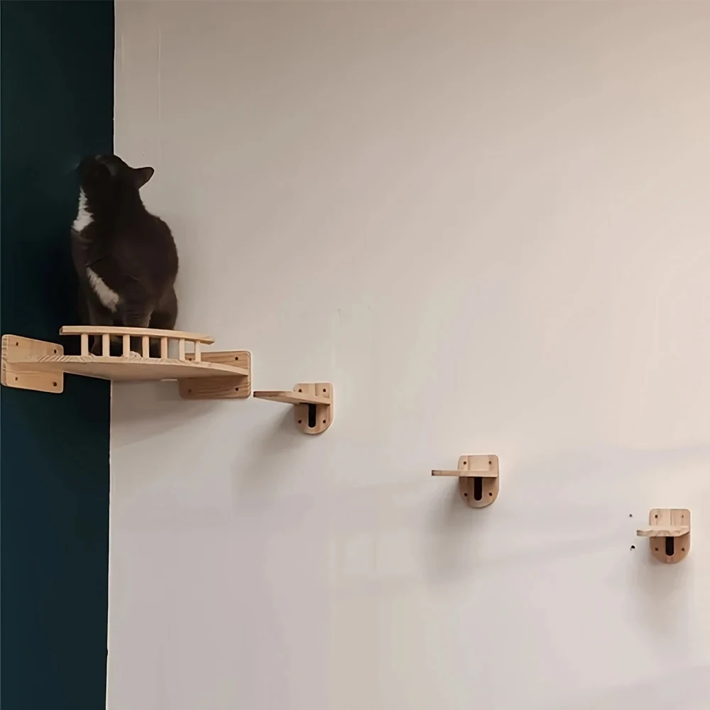 

Cat Wall Mount Shelf Pet Climbing Scratch-Resistant Wooden Cat Furniture for Indoor Space-Saving Wall Shelves Ladder & Hammock