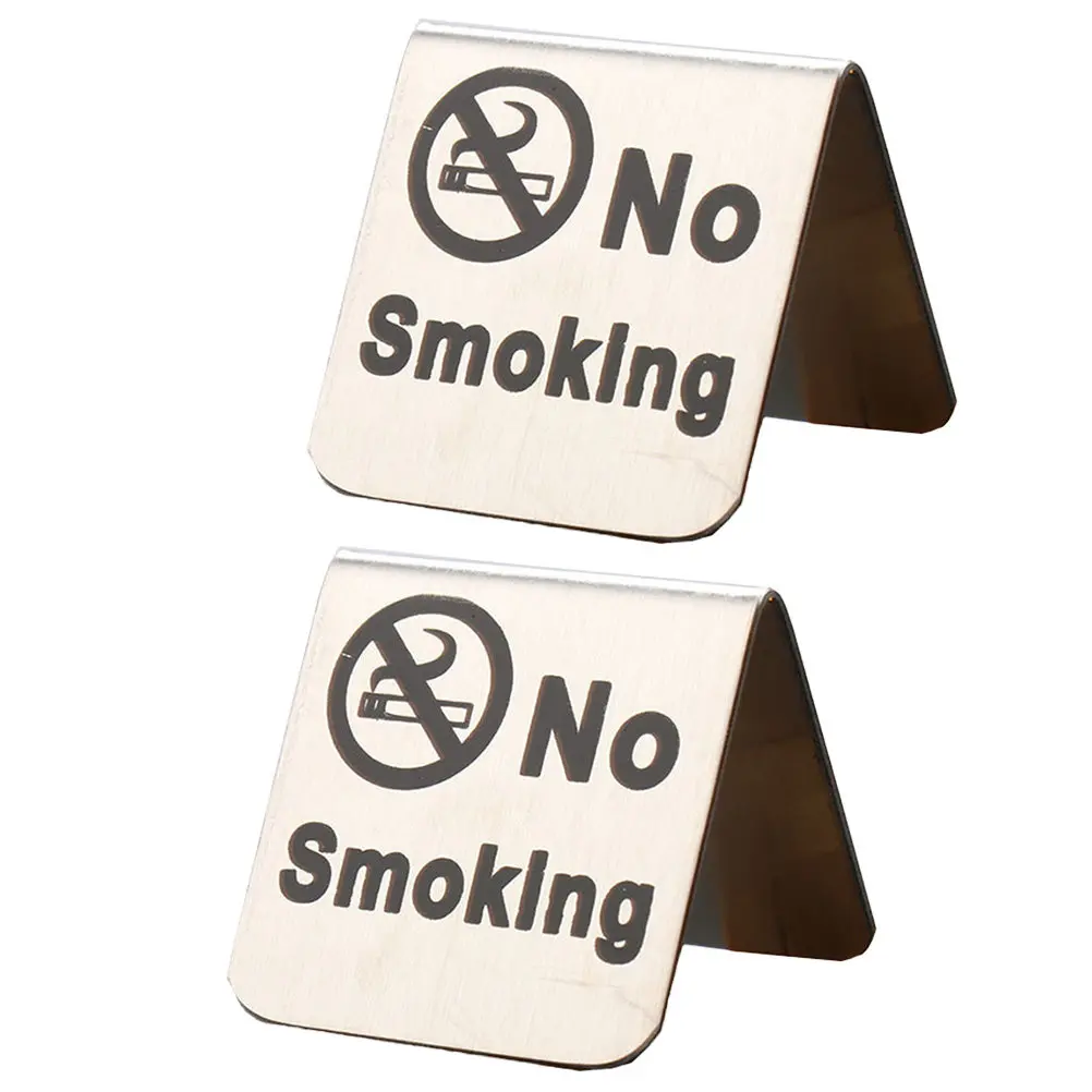 

2Pcs Stainless Steel No Smoking Sign Triangle Free Standing Double Side Visible Table Tent Sign for Banquet Lounge Home Office