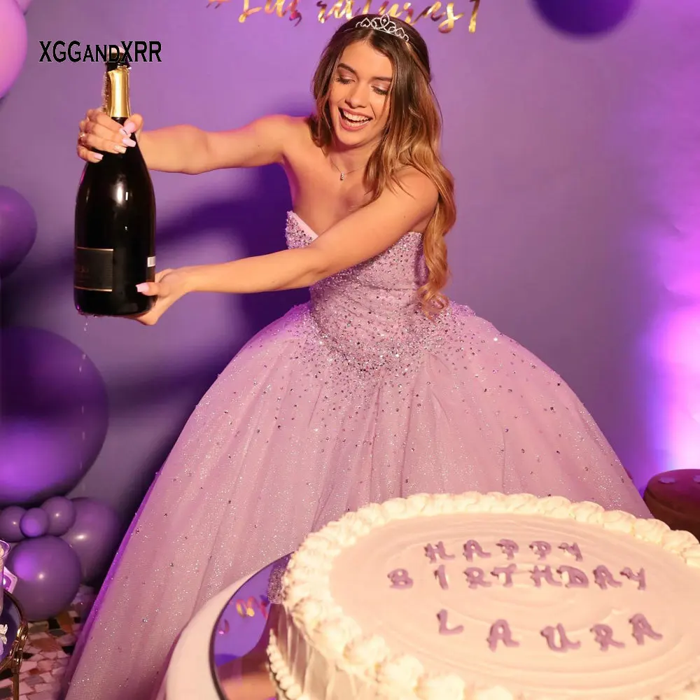 Vestidos de quinceañrea rosa de lujo, escote Corazón, Espalda descubierta, cuentas, lentejuelas, falda brillante, Vestido largo de fiesta, dulce 15 16 cumpleaños, 2024