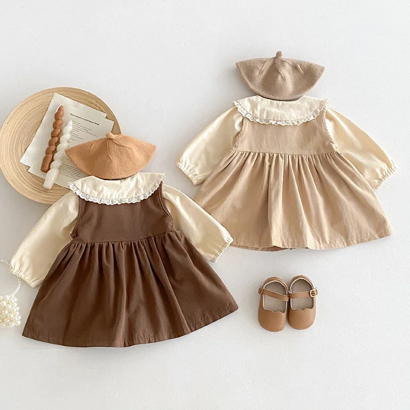 2024 New Autumn Newborn Baby Girls Clothing Set Long Sleeved Cotton Cardigan Shirt+Sleeveless Dress Children Clothes