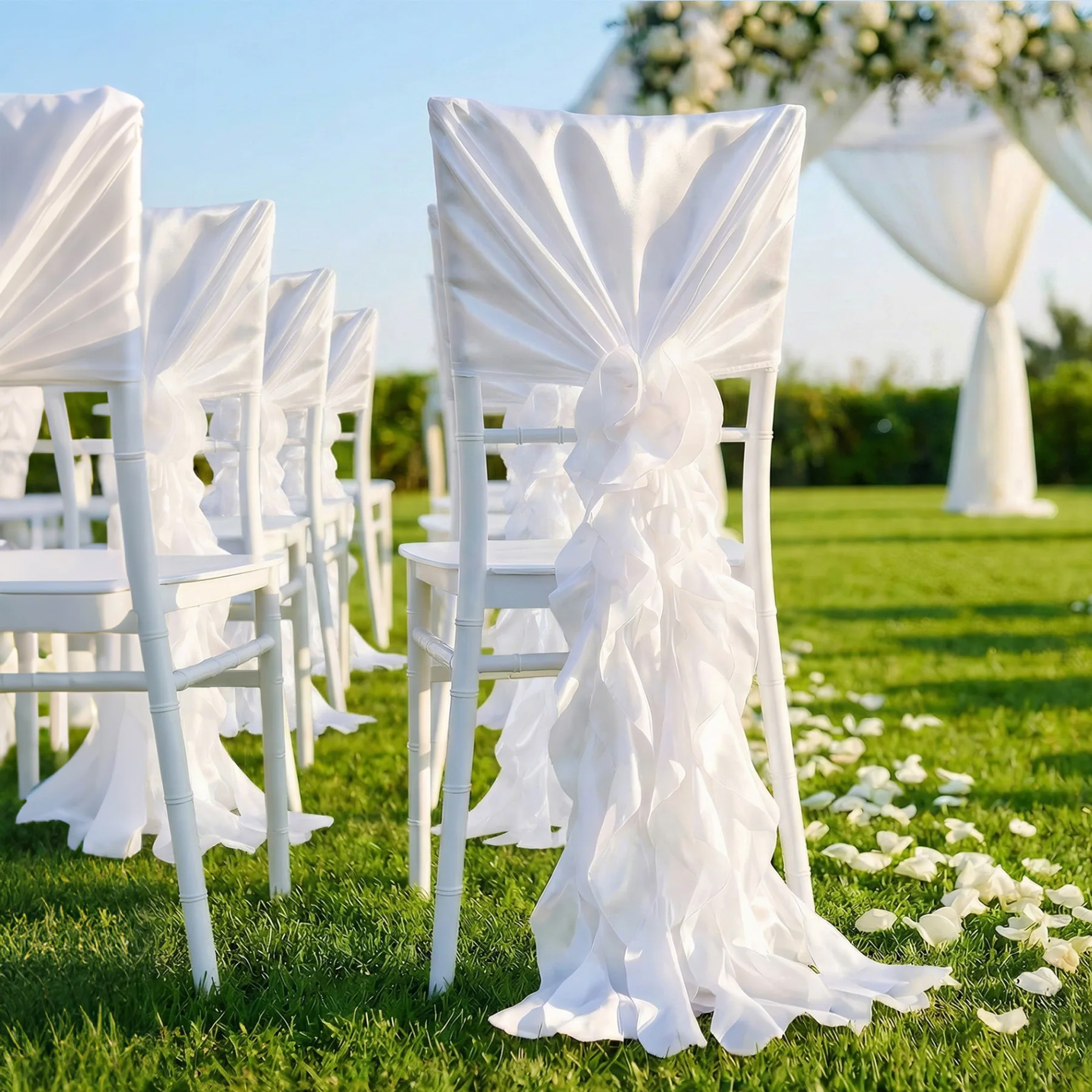 10Pcs Romantic White Sash Bow Party Decor Chair Cover Ruffles for Home Hotel Weddings Banquet Event Decorations Supplies