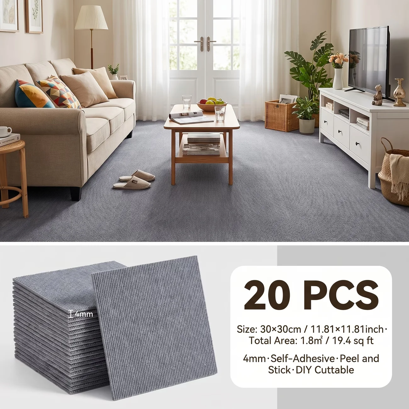 20pcs Self-Adhesive Square Striped Floor Stickers, Self-Adhesive Surface Indoor Square Patchwork Mats, Peel And Stick Easy to In