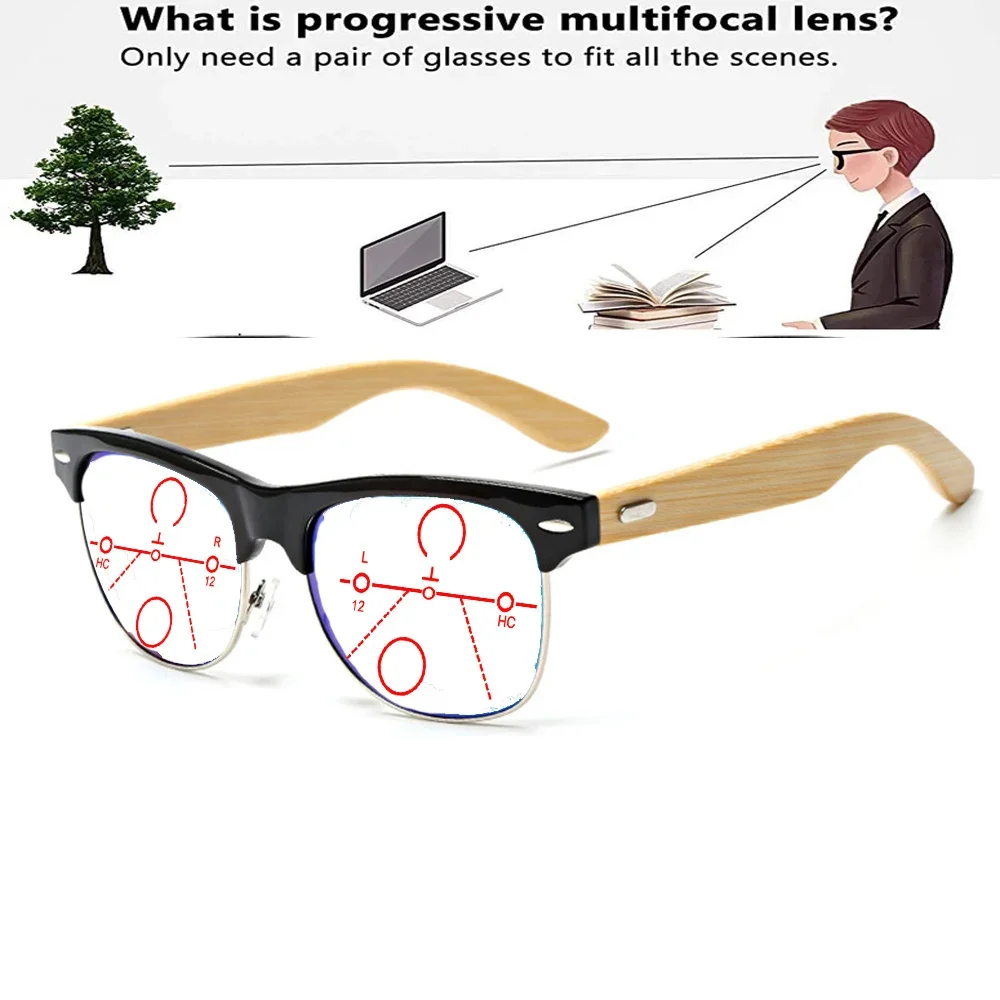 

Leisure Style Round Handcrafted Frame Bamboo Temples Fashion Progressive Multi-focal Reading Glasses +0.75 To +4