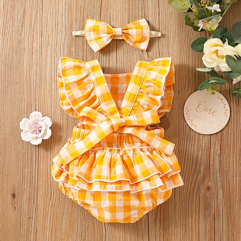 Newborn Baby Girl Bubble Cotton Plaid Flying Sleeve Climbing Suit With Buttocks+Headwear