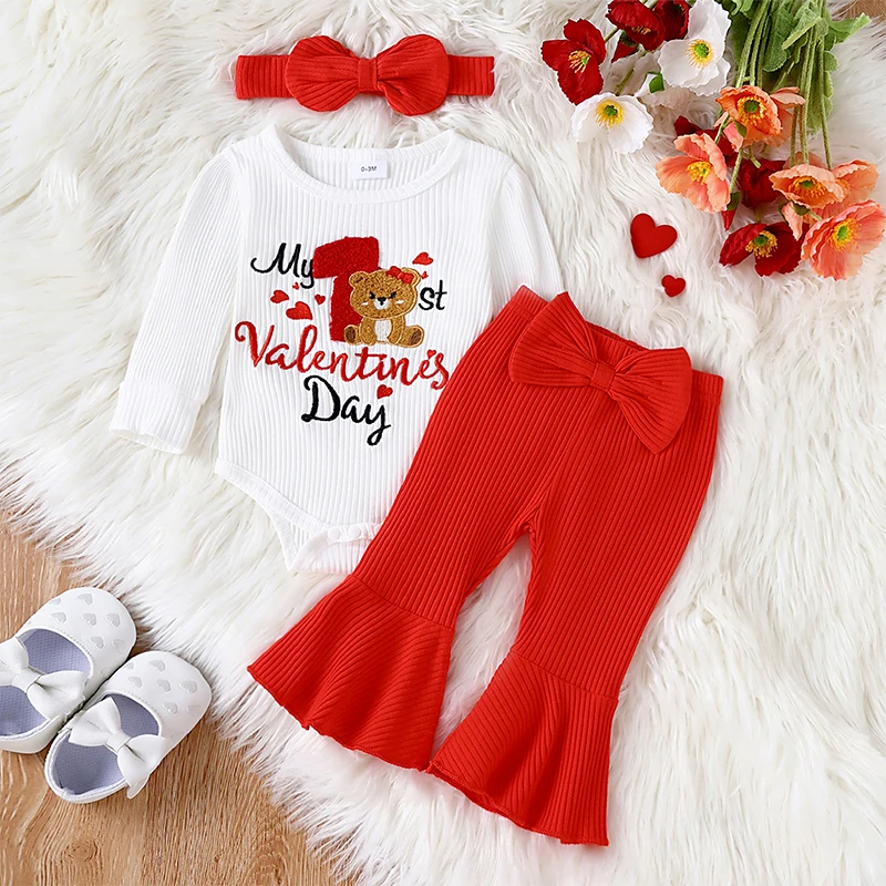 

Listenwind Baby Girls My First Valentine’s Day Outfits Long Sleeve Bear Print Romper +Ribbed Pants + Headband Infant 3Pcs Set