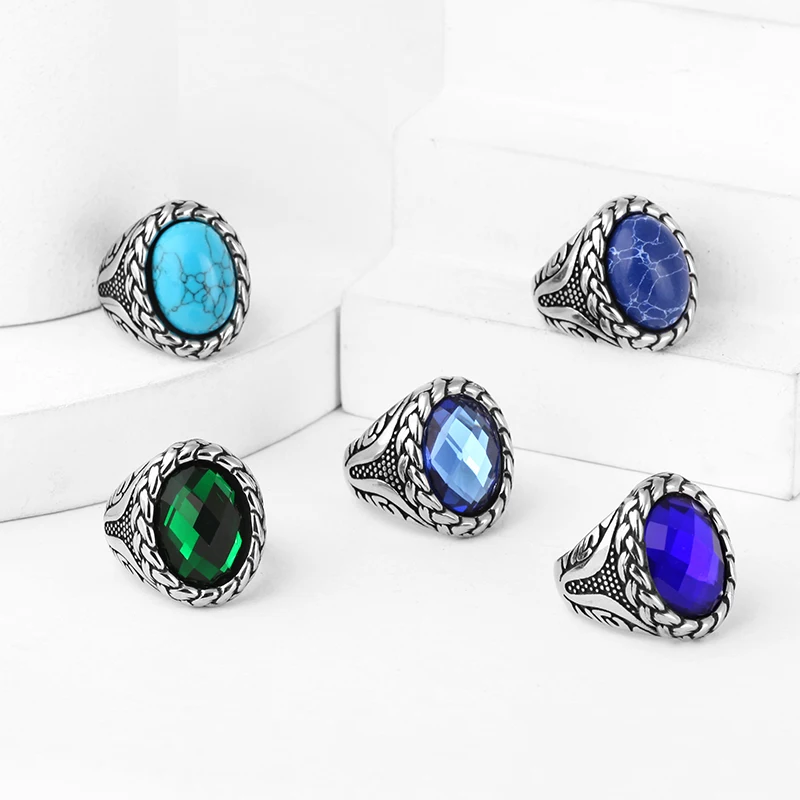 Fashion Vintage Man Boy Round Natural Stones Ring in Stainless Steel Jewelry Mens Accessories Anel Aneis Wedding Gift