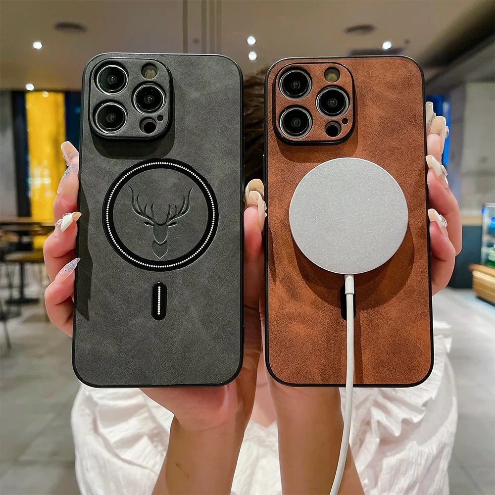 Magnetic Leather Case for iPhone 16 15 14 13 12 11 Pro Max Plus Cover Chagre for Magsafe 3D Deer All-round Camera Shell Fundas