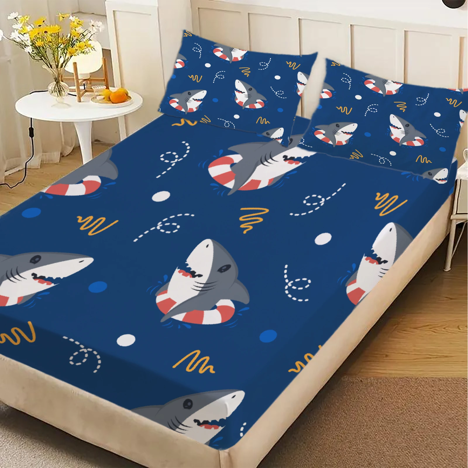 3pcs Playful Fitted Sheet Cartoon Style For Children Kids Set Shark Life Buoy Ocean Waves Printed Bed Sheet With 2 Pillowcases