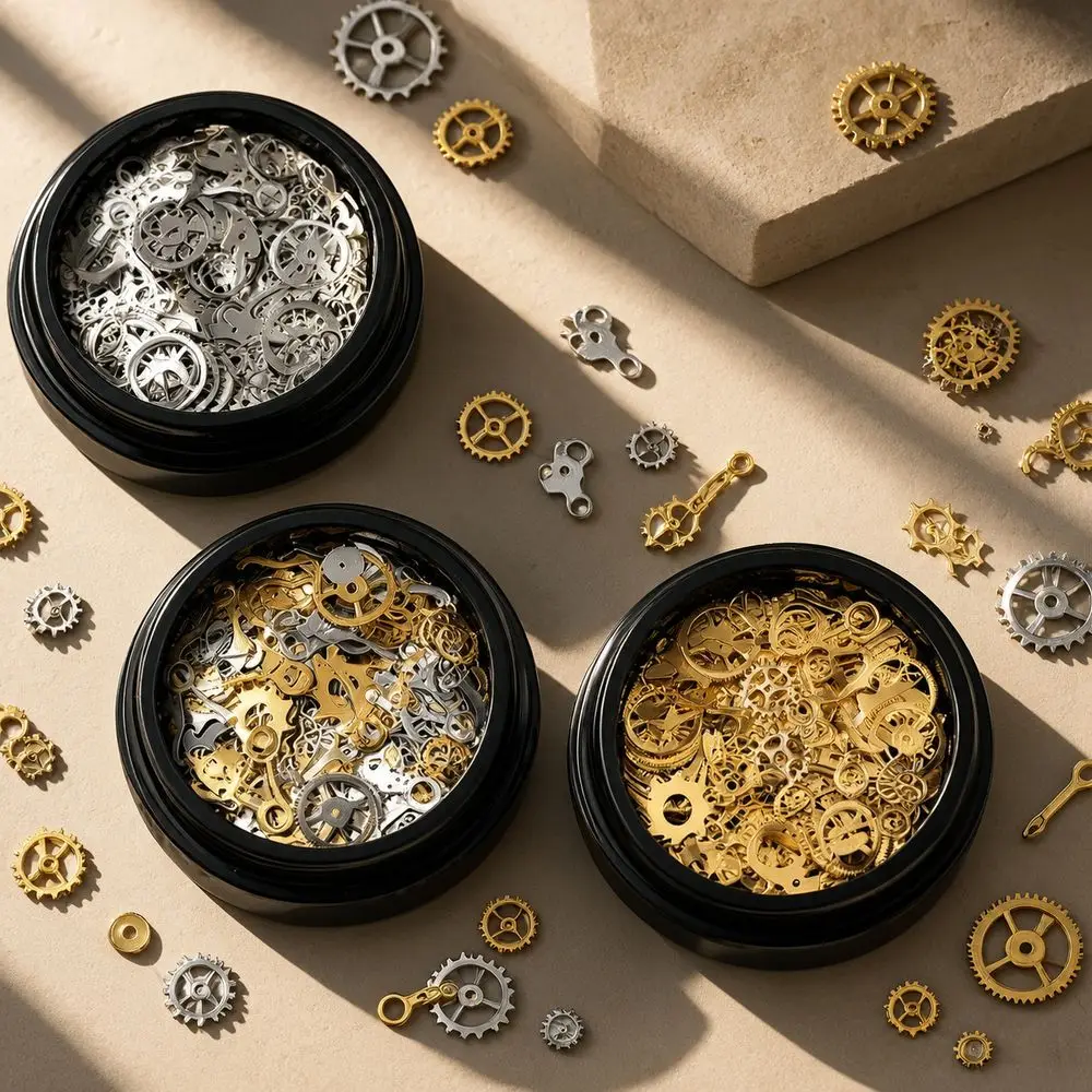 120Pcs Vintage Gold Nail Studs Steampunk Silver Gears Cogs Clock Watch Hands Metal Rivet 3D Charm Nail Decorations DIY Decor