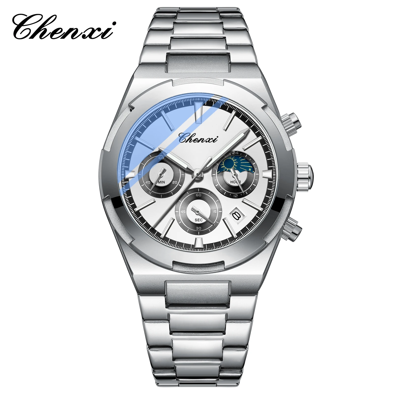 Chenxi 956 Luxury Watch For Man Elegant Date Week Moon Waterproof Luminous Men Stainless Steel Sports Men\'s Quartz Watches Reloj