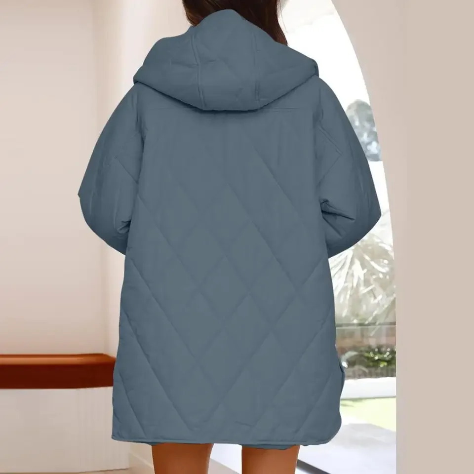 2025 Autumn Winter Fashion Cotton Coat Women's Parkas Casual Curled Hooded Cotton Padded Coat Lattice Outerwear