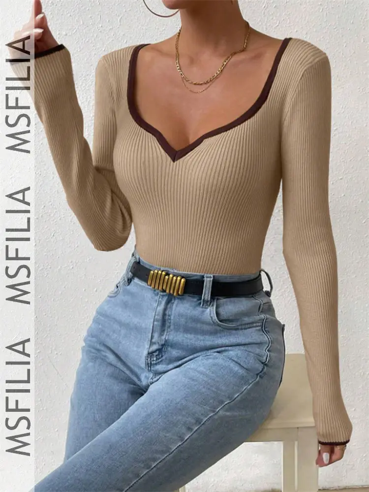 Msfilia Women's Autumn/Winter Color-Block V-Neck Knit Sweater, Slim-Fit Flattering Versatile Long Sleeve Base Layer Top