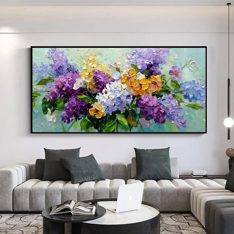 Large Abstract Purple Blue Green Flowers Canvas Thick Oil Painting New Popular Handmade Yellow Small Florals Home Wall Art Decor