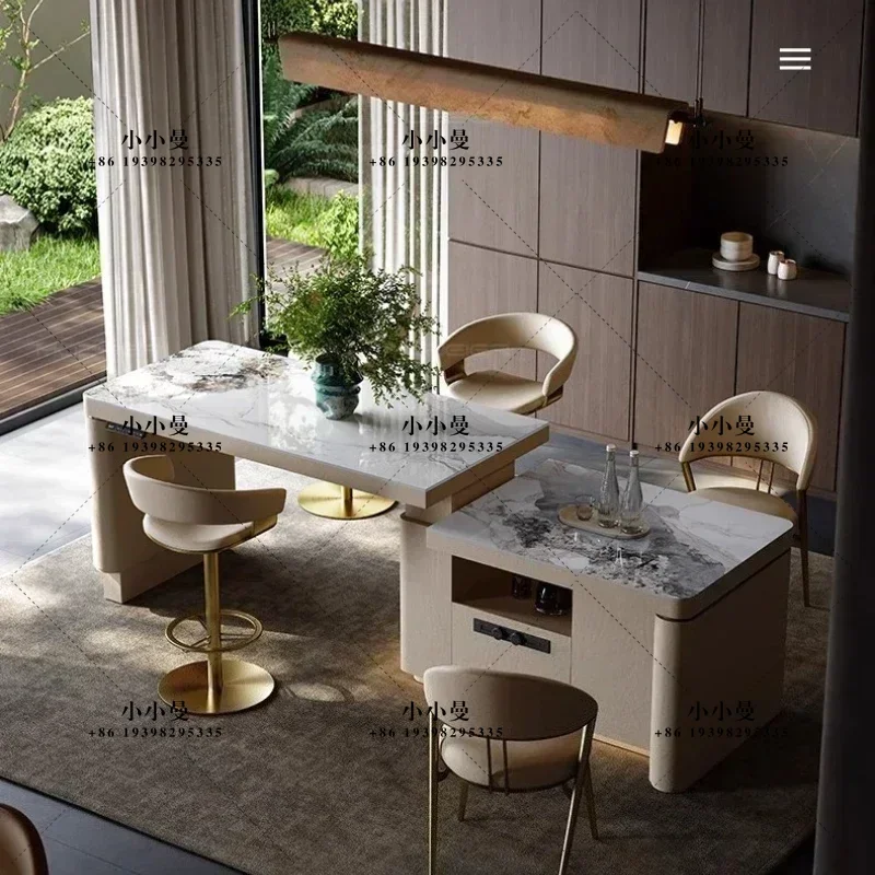 Multi functional Rock Slab Lifting Island Table Rectangle Chair Minimalist Modern Cream Wind Dining Table Integrated Retractable