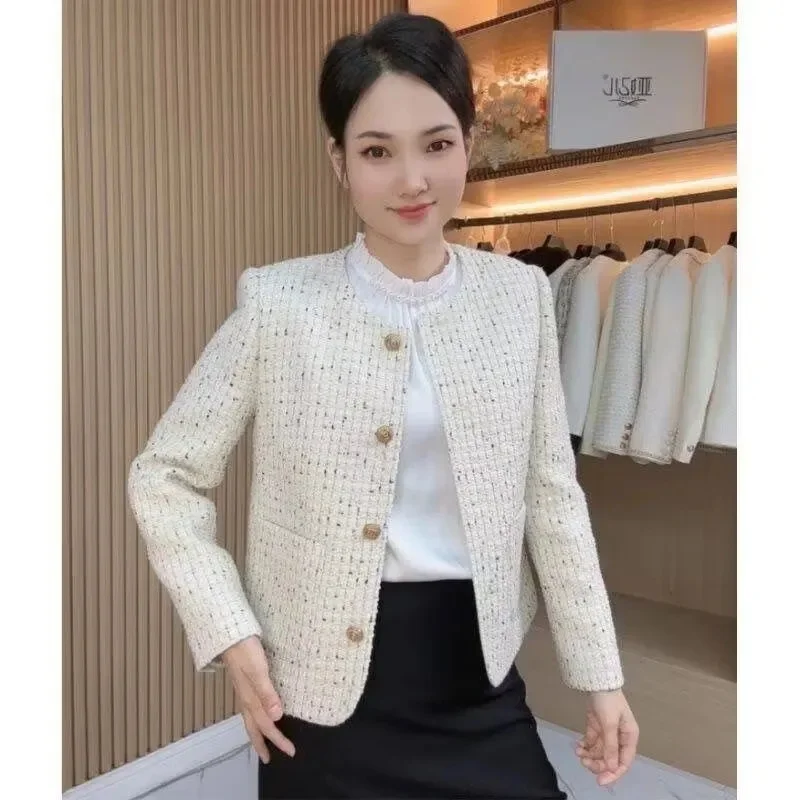 Korean Women Fashion Round Neck Suit Tops Autumn Female Large Size 5XL Blazer Coat Spring Ladies High-end Tweed Patchwork Jacket