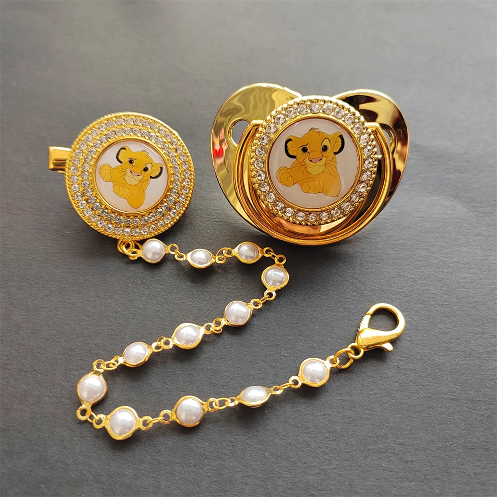 Golden Bling Pearled Luxury Baby Pacifier Gold Rhinestone Cute Pacifier Clips Winnie Pooh Simba Lion King Disney Attache Tetine