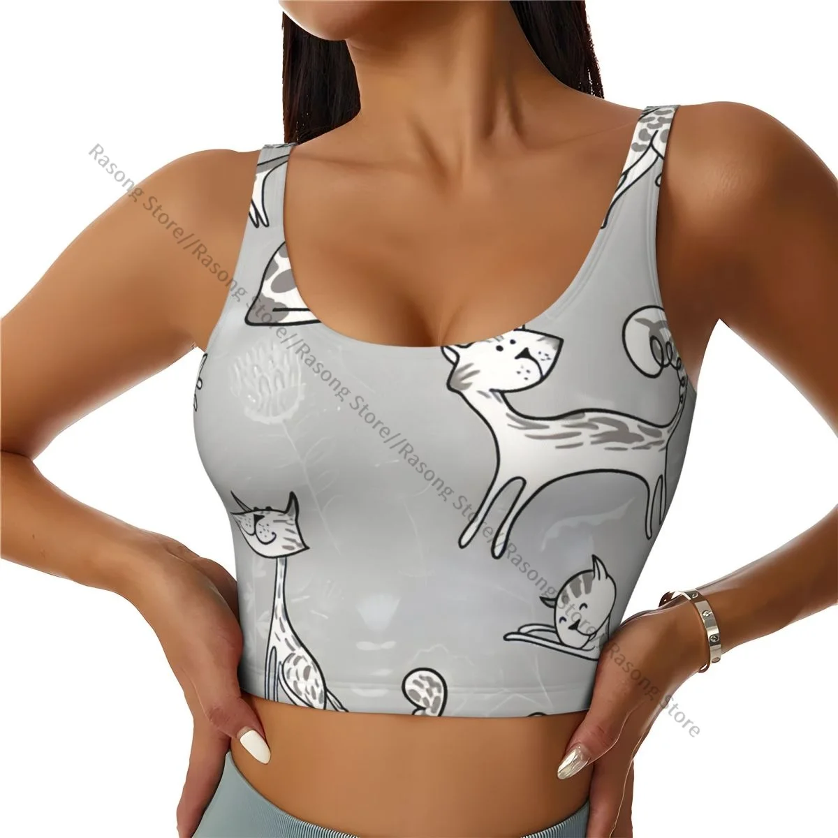 Women Sexy Sports Vest Cats Posing Over Floral Feline Kitten Kitty Cartoon Print Female Streetwear Sport Lingerie Tee Crop Top