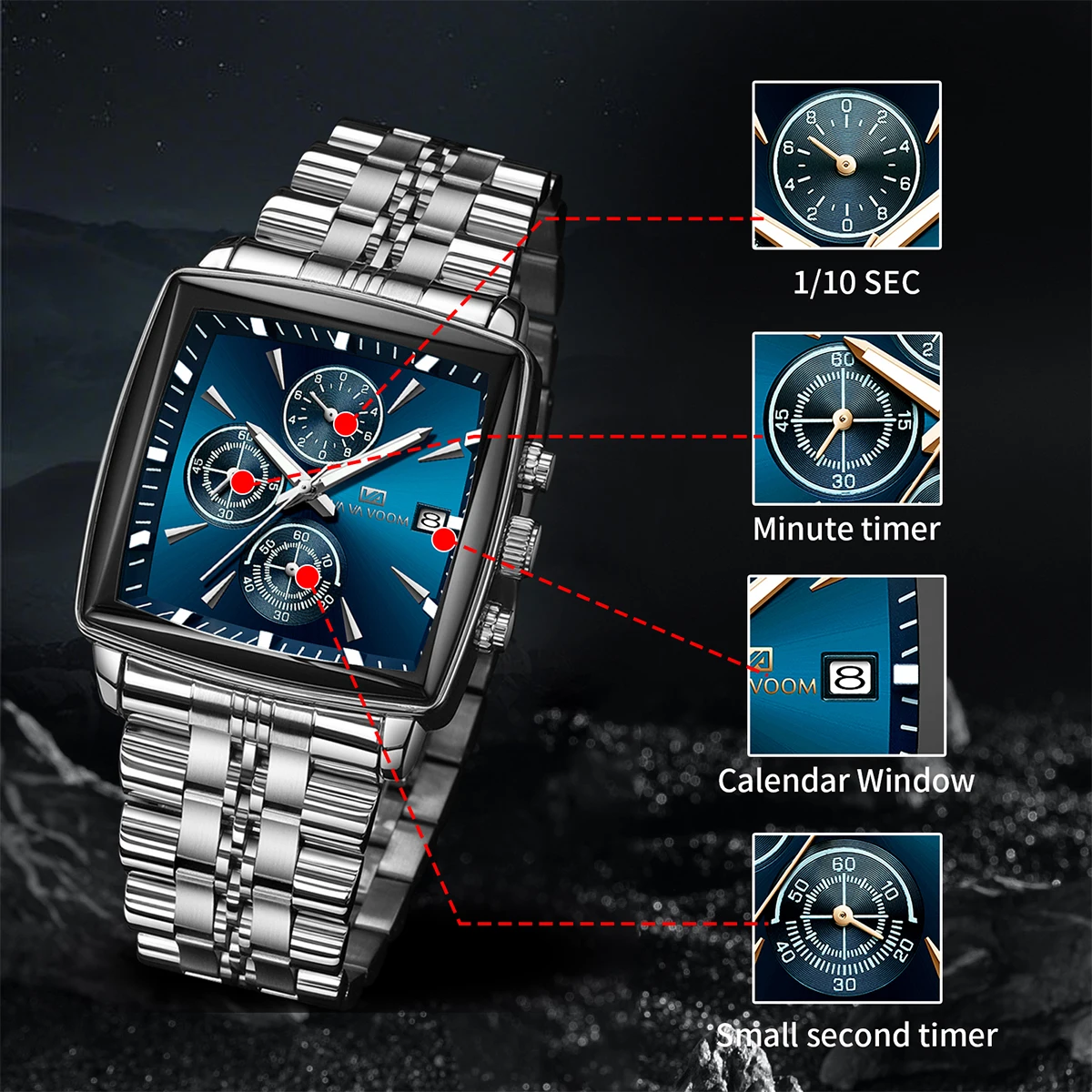 2025 جديد فاخر ساحة الرياضة رجل ساعة VA VA VA VOOM مقاوم للماء مضيئة كرونوغراف كوارتز ساعات رجالية ساعة من الفولاذ المقاوم للصدأ Reloj
